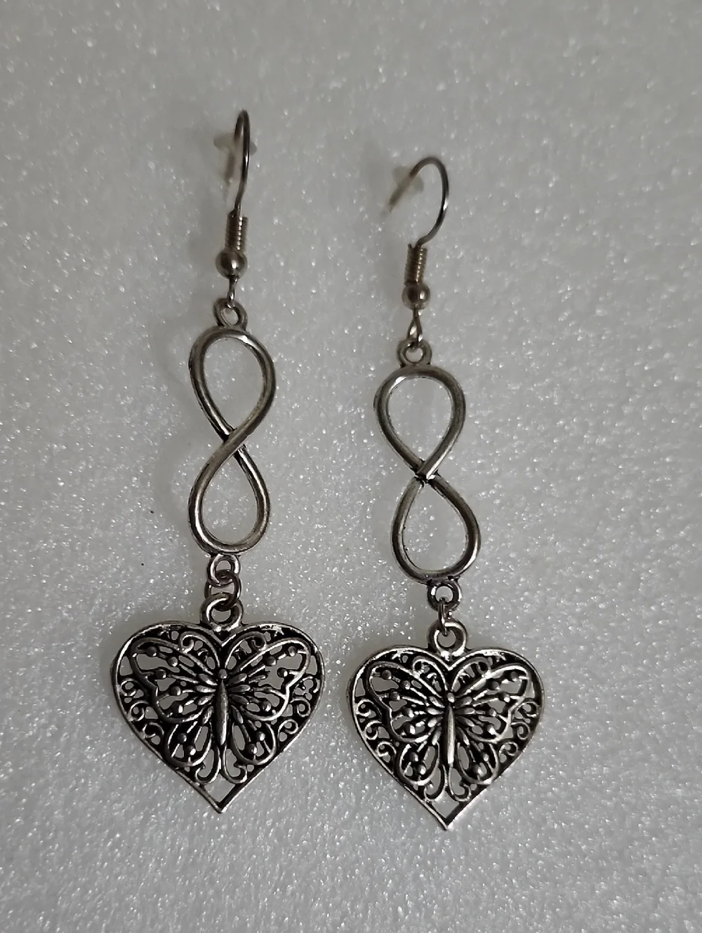 Hand Crafted Silver-Tone Infinity Heart Butterfly Drop Earrings